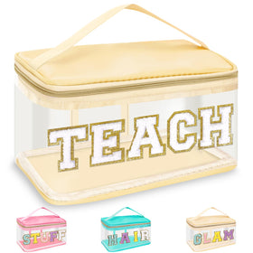 Izuzta TEACH clear makeup bag front view with transparent body for quick access.
