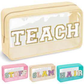 izuzta TEACH bag front view with glitter chenille letters for teachers