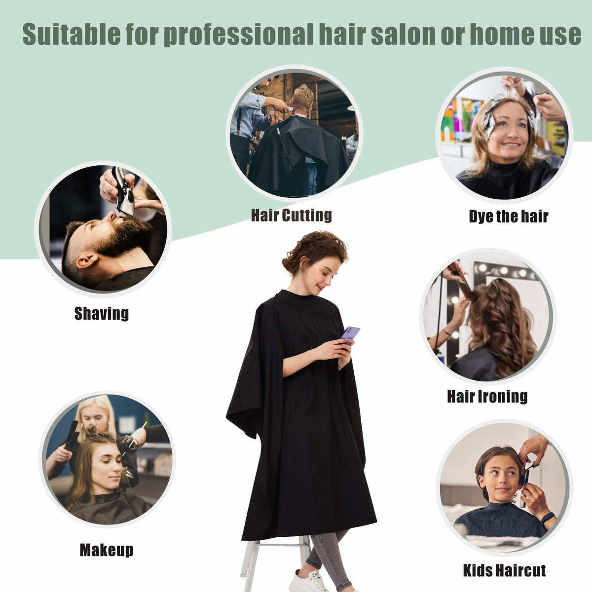 Izzycka barber cape with armholes offers hands-free trimming and freedom of movement.