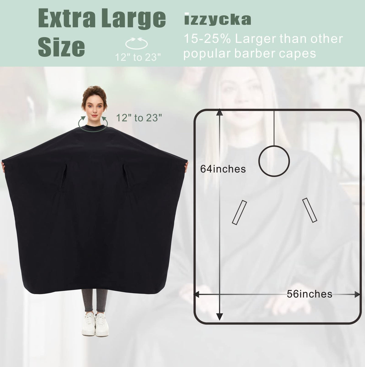 Izzycka barber cape made of waterproof nylon stays dry and clean during dyeing.