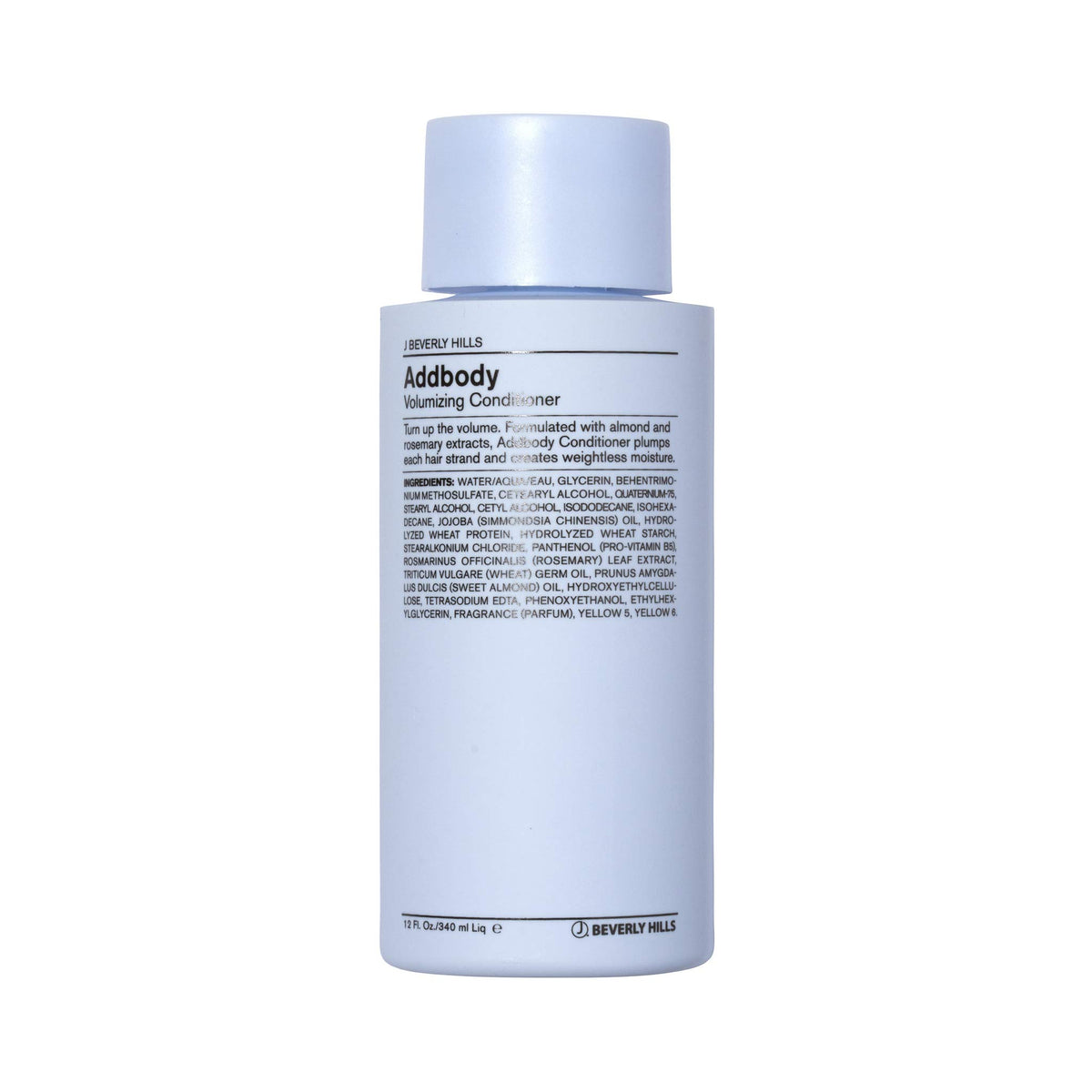 J Beverly Hills Blue Addbody Conditioner bottle highlighting volumizing formula.