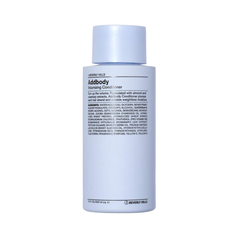 J Beverly Hills Blue Addbody Conditioner bottle highlighting volumizing formula.