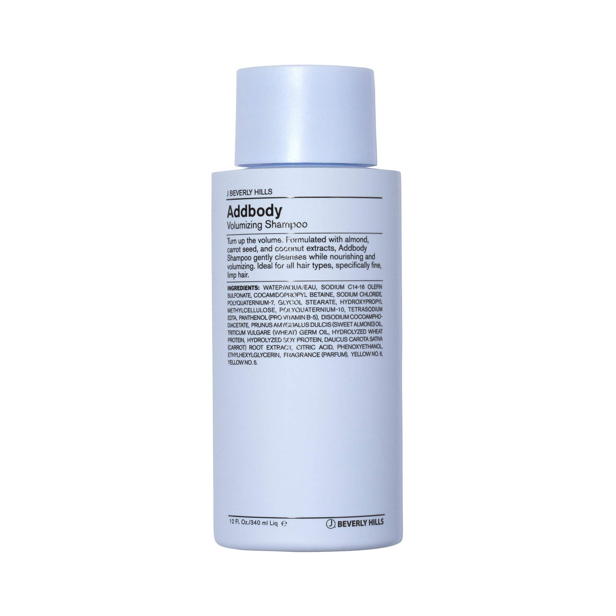 J Beverly Hills Addbody bottle close-up showing volumizing formula for fine hair.