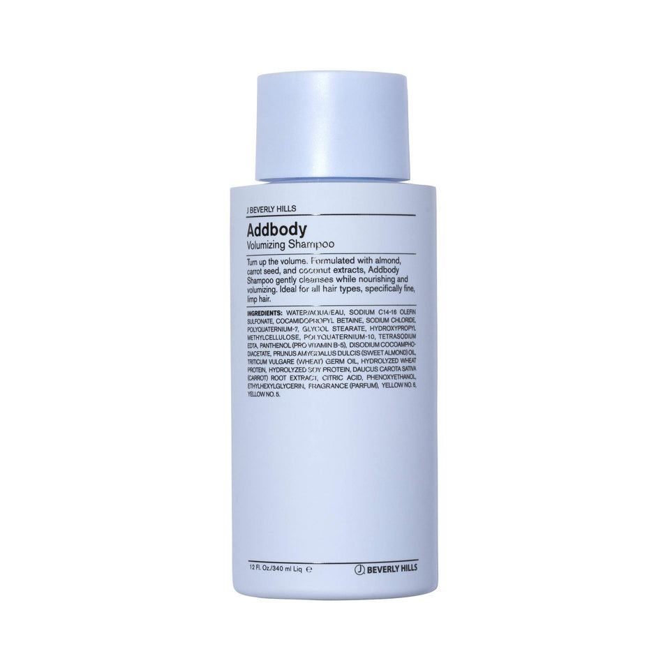 J Beverly Hills Addbody bottle close-up showing volumizing formula for fine hair.