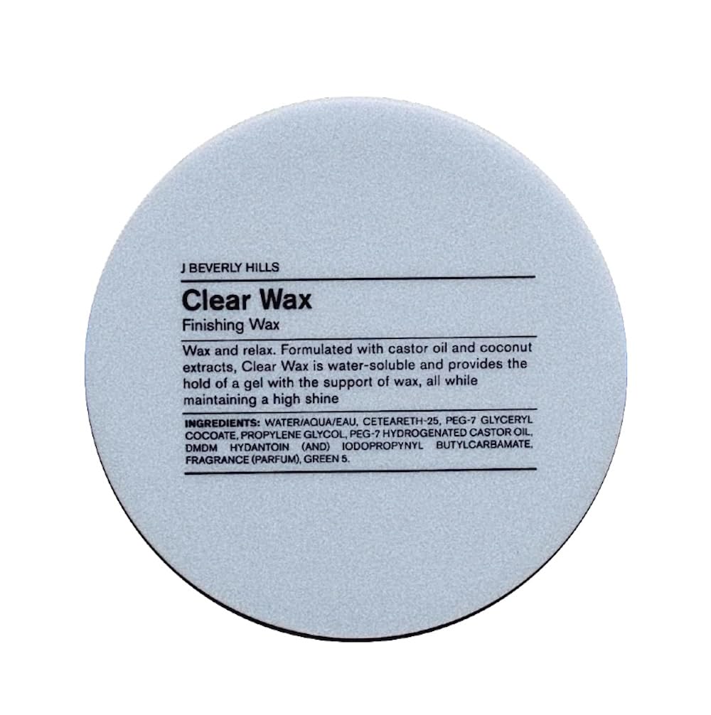 J Beverly Hills Blue Clear Finishing Wax bottle shows flexible hold and shine