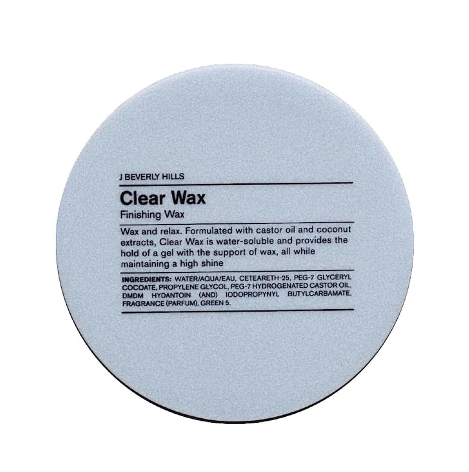 J Beverly Hills Blue Clear Finishing Wax bottle shows flexible hold and shine