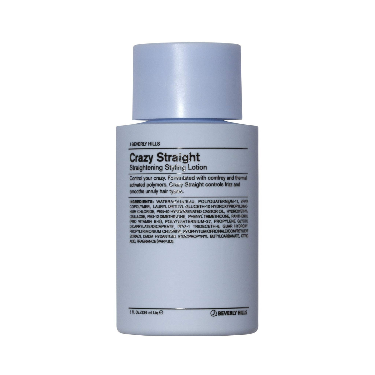 J Beverly Hills Blue Crazy Straight lotion bottle for frizz control and shine