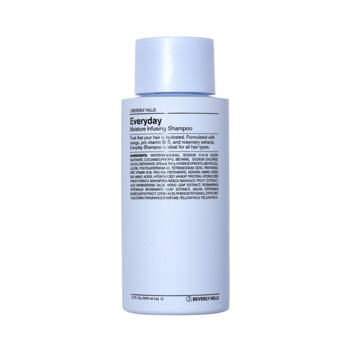 J Beverly Hills Blue Everyday Moisturizing Shampoo bottle with eucalyptus oil for a refreshing cleanse.