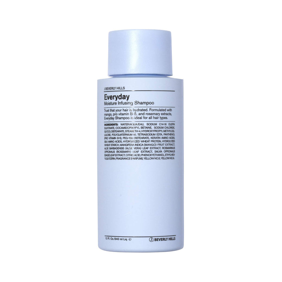 J Beverly Hills Blue Everyday Moisturizing Shampoo bottle with eucalyptus oil for a refreshing cleanse.