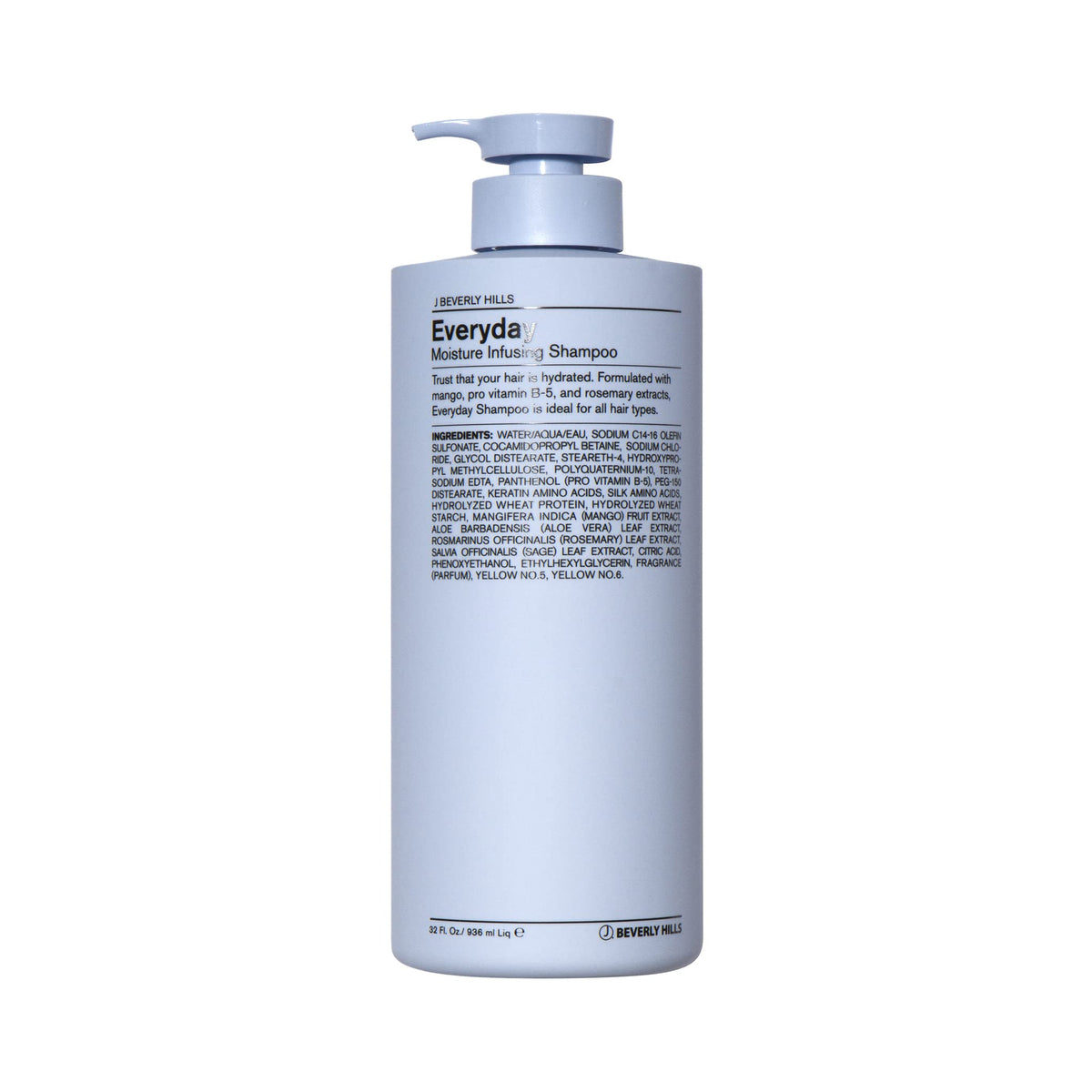 J Beverly Hills Blue Everyday Shampoo bottle pouring to cleanse buildup and refresh the scalp.