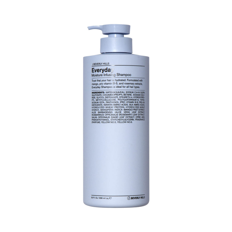 J Beverly Hills Blue Everyday Shampoo bottle pouring to cleanse buildup and refresh the scalp.
