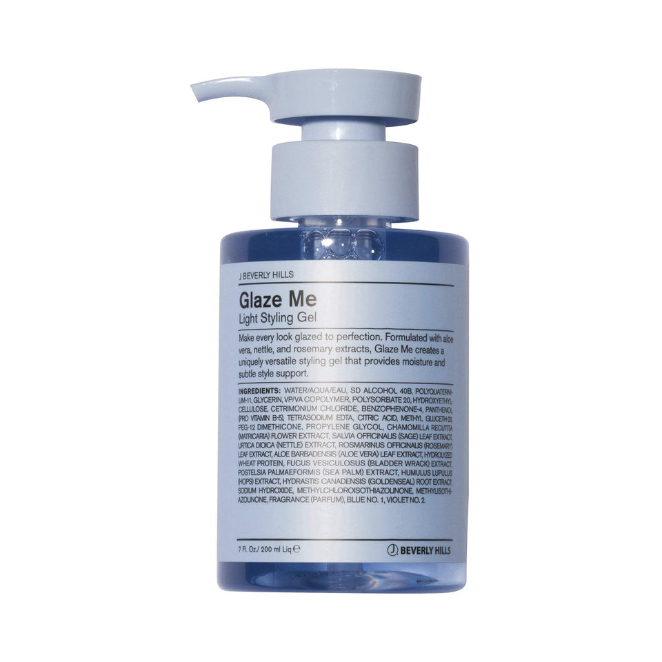 J Beverly Hills Blue Glaze Me Light bottle close-up highlights moisture boost.