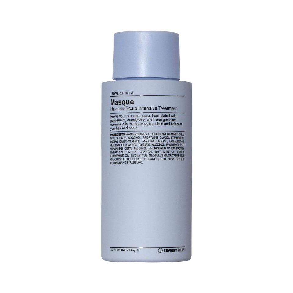 J Beverly Hills Blue Hair Mask bottle highlights moisturizing formula for hair and scalp