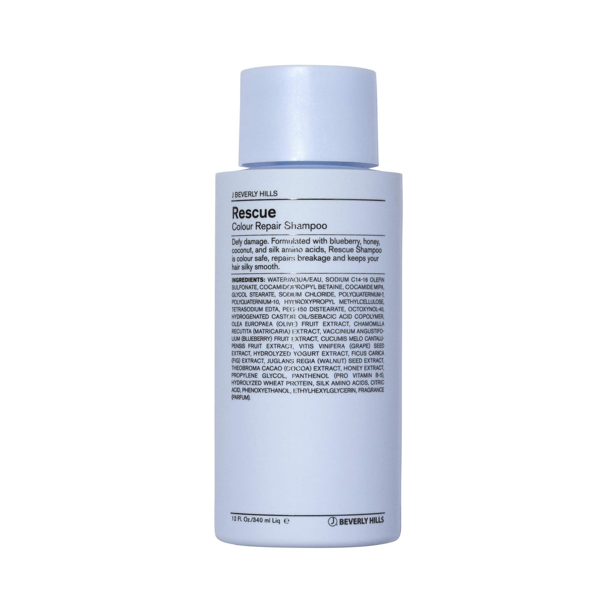 J Beverly Hills Blue Rescue Colour Repair Shampoo bottle, highlighting color-safe cleansing.