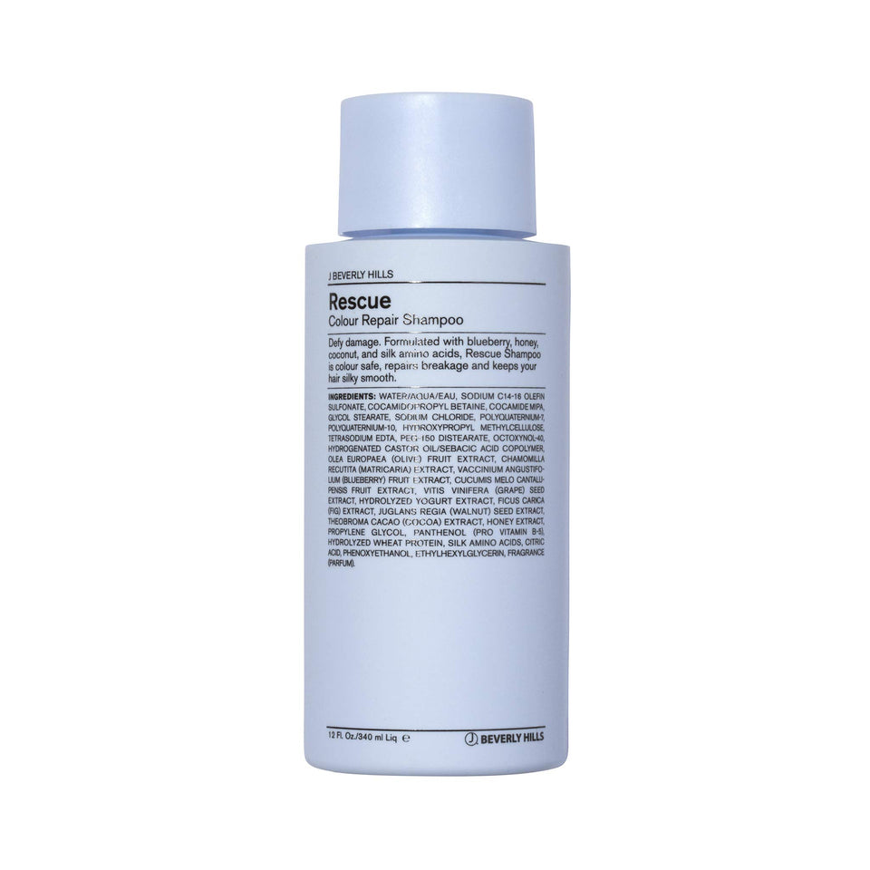 J Beverly Hills Blue Rescue Colour Repair Shampoo bottle, highlighting color-safe cleansing.