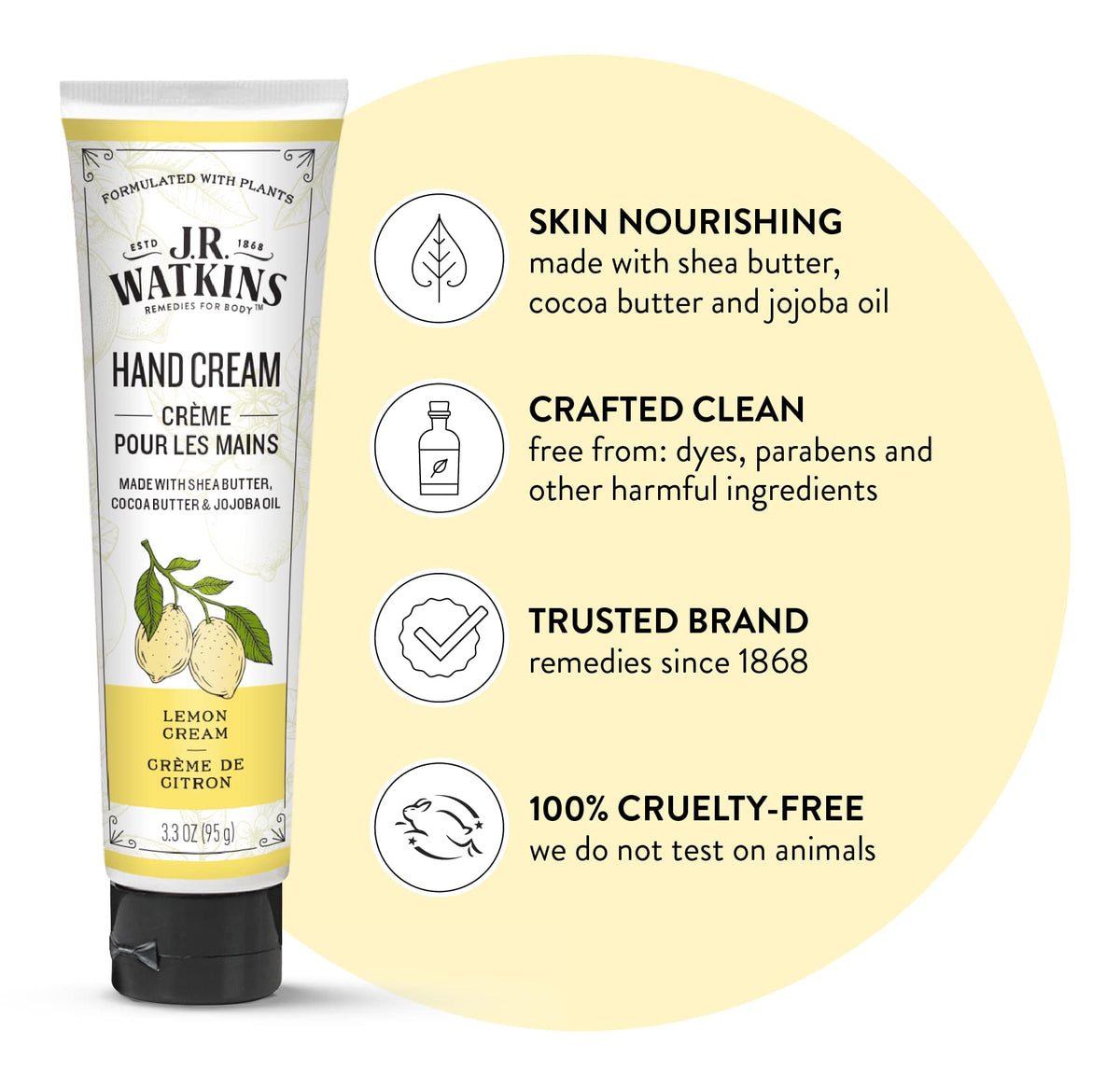 J.R. Watkins Lemon Cream packaging showing clean ingredients for sensitive skin.