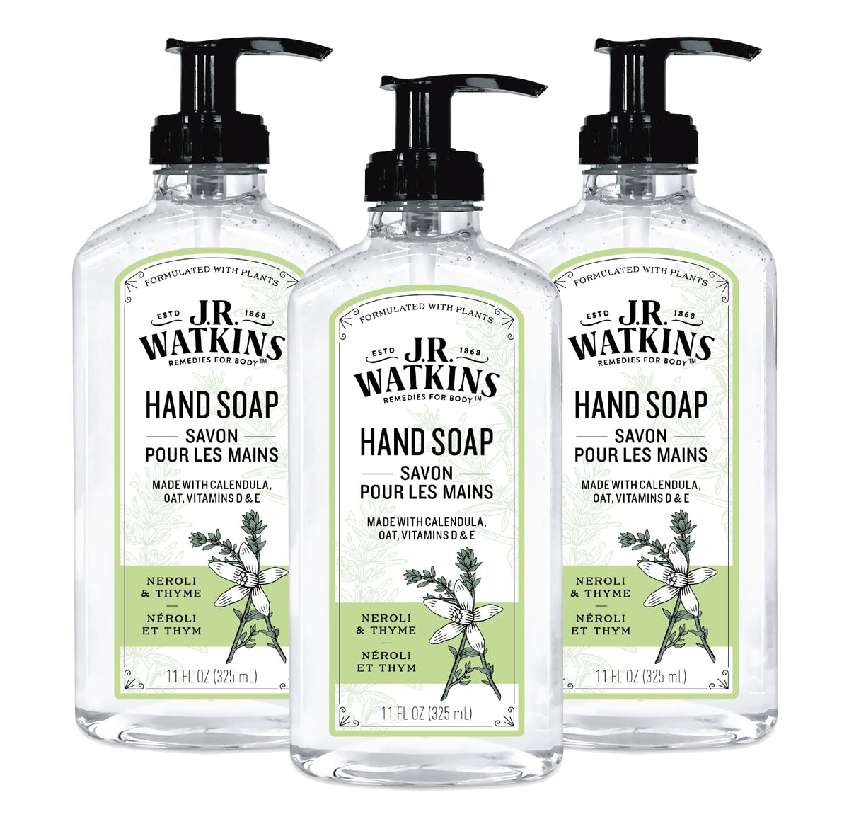 J.R. Watkins Neroli Thyme gel soap bottle for fresh hands.