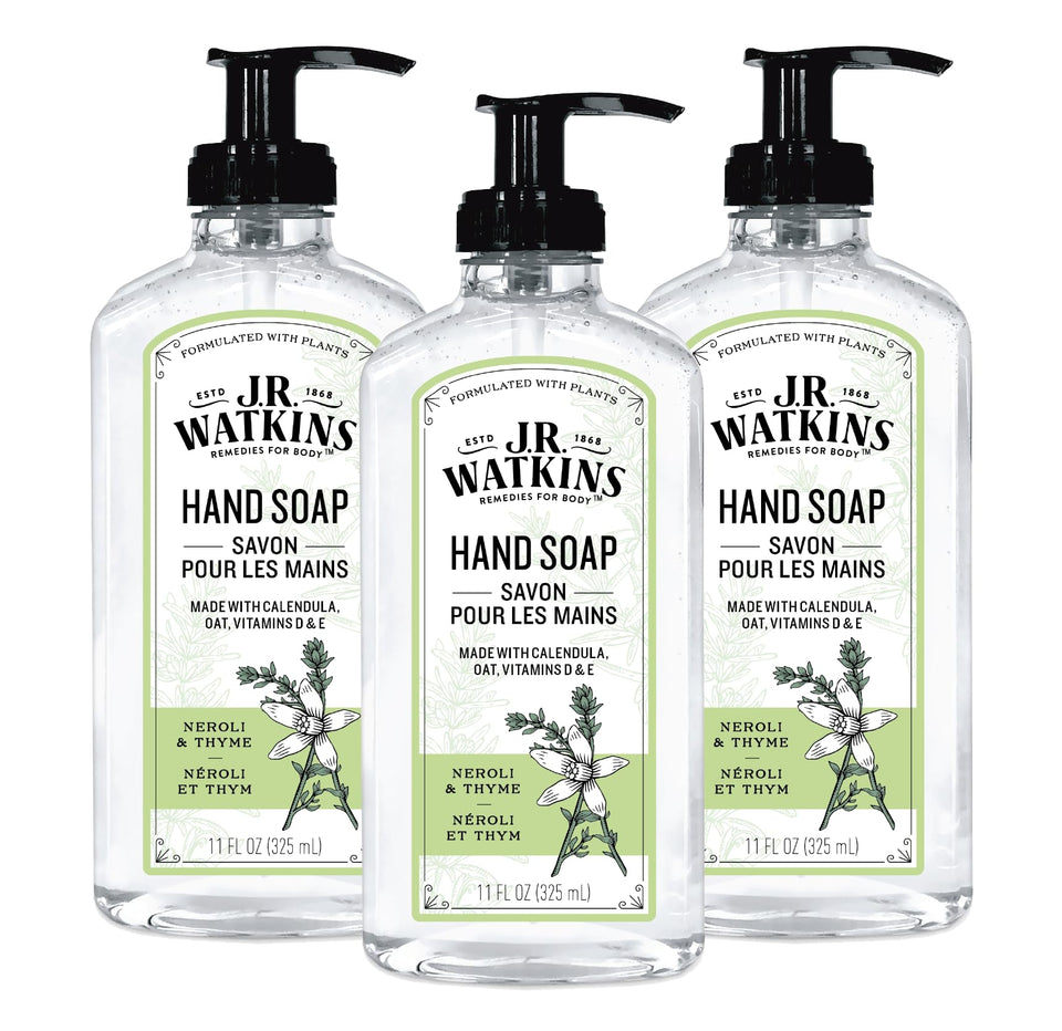 J.R. Watkins Neroli Thyme gel soap bottle for fresh hands.