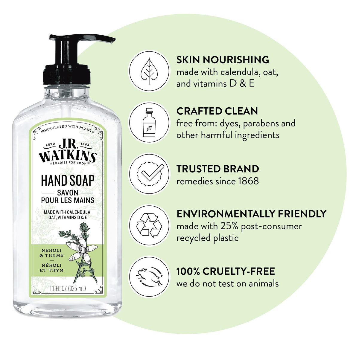 J.R. Watkins Neroli Thyme gel soap foam for gentle cleansing.