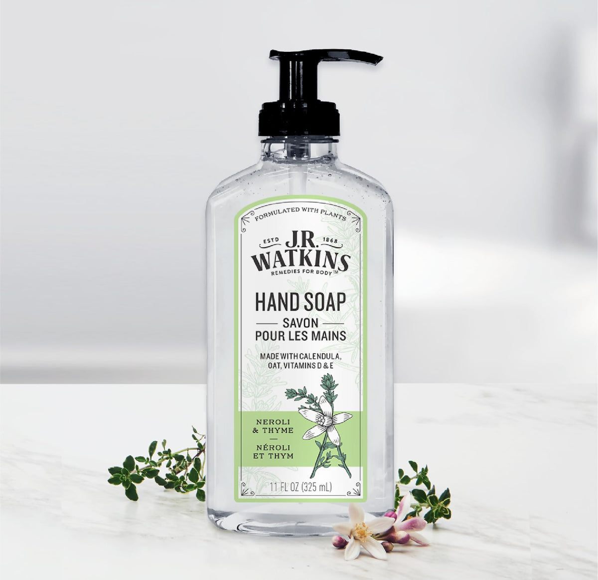 J.R. Watkins Neroli Thyme plant-based ingredients illustration.