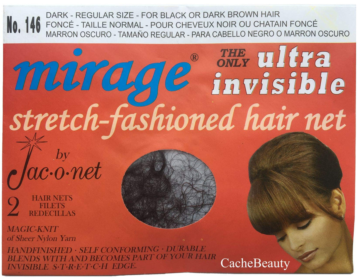 Jac-O-Net Mirage Ultra-Invisible Dark hair net product hero shot showing lightweight, invisible fit for dark hair