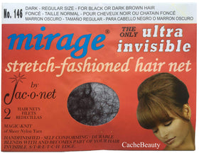 Jac-O-Net Mirage Ultra-Invisible Dark hair net product hero shot showing lightweight, invisible fit for dark hair