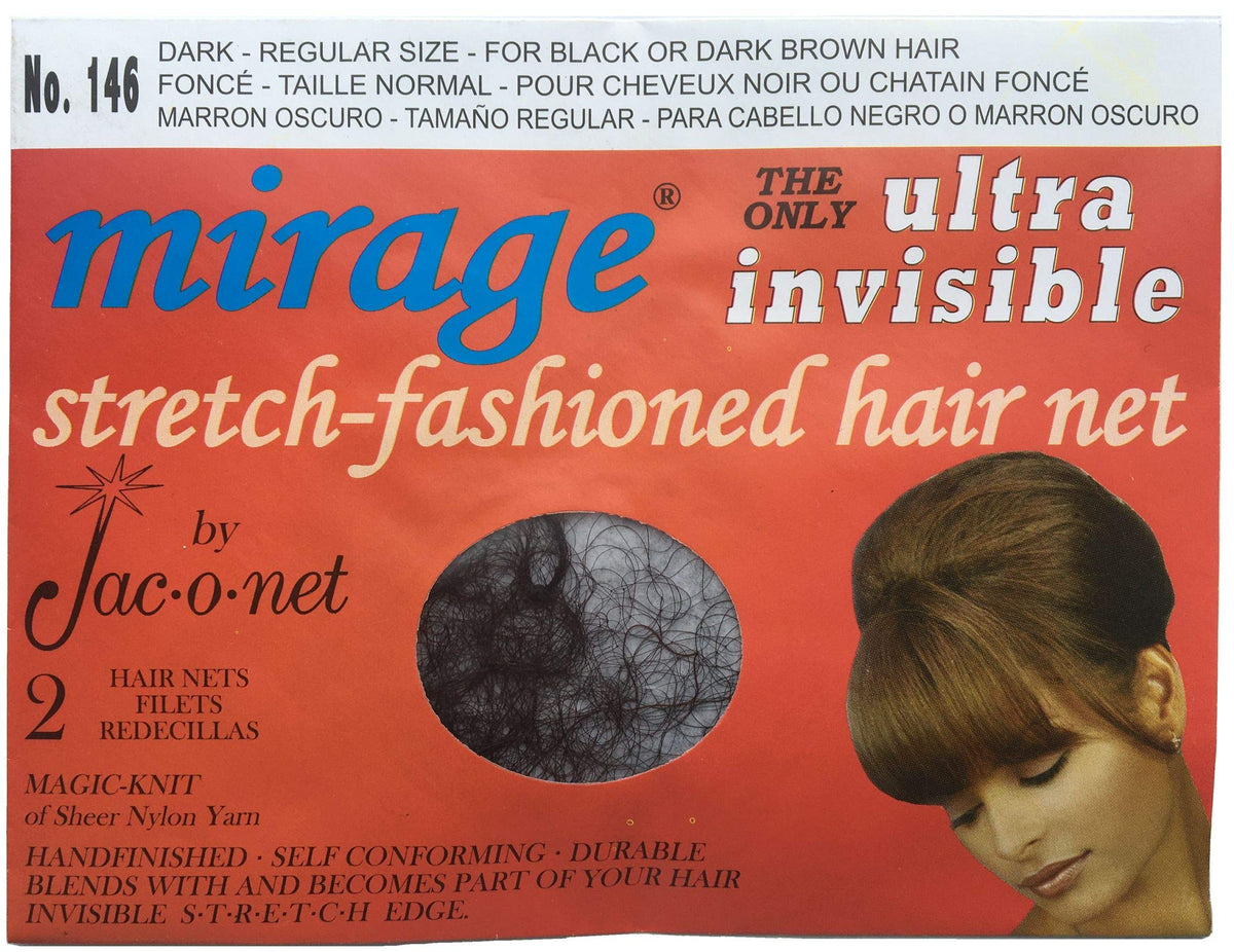 Jac-O-Net Mirage Ultra-Invisible Dark hair net, two per pack, 12 packs total, neat and discreet for dark hair