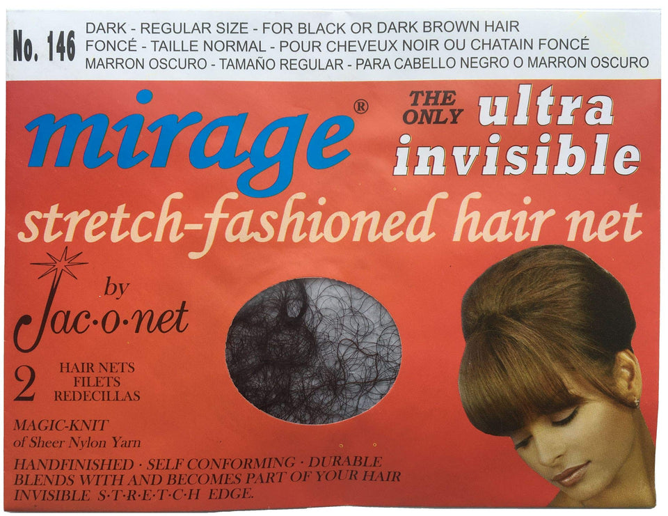 Jac-O-Net Mirage Ultra-Invisible Dark hair net, two per pack, 12 packs total, neat and discreet for dark hair