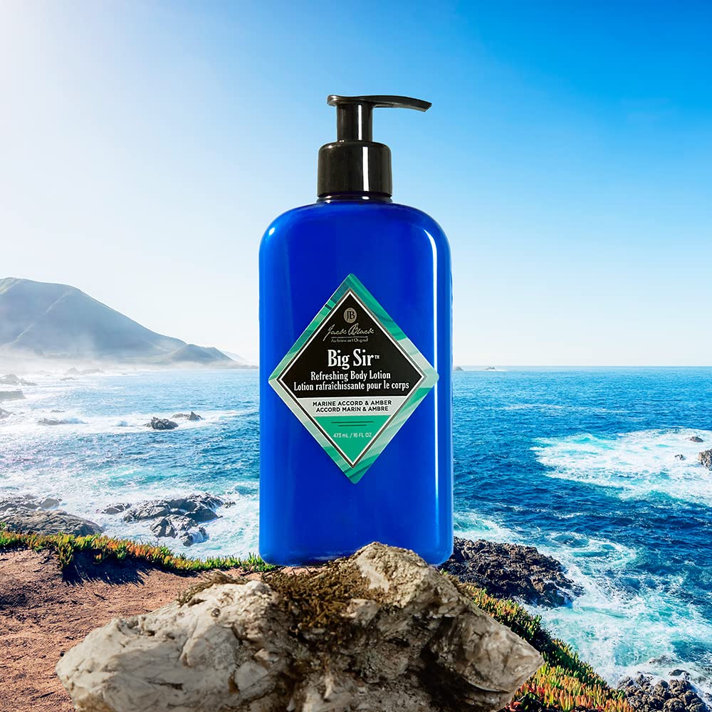 Pouring Big Sir lotion reveals refreshing coastal Bergamot and Marine notes.