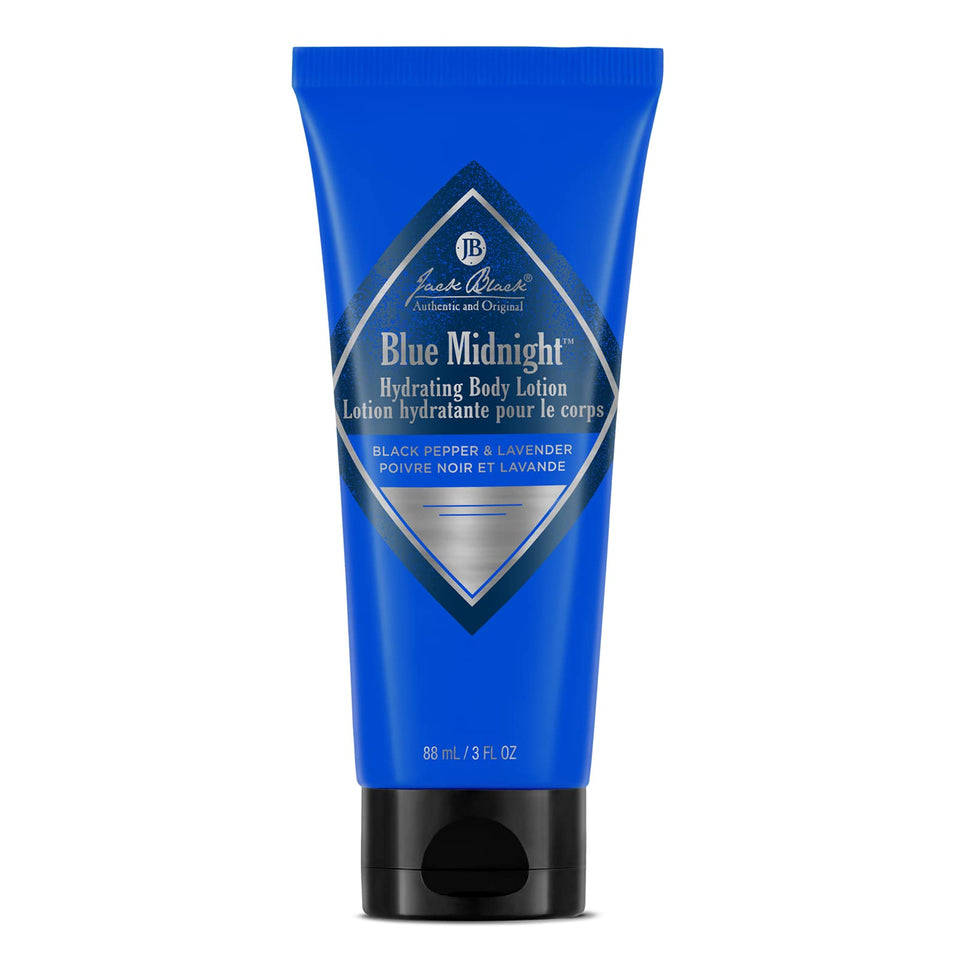 Jack Black Blue Midnight bottle with deep blue hue, ideal for daily hydration