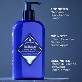 Jack Black Blue Midnight Hydrating Body Lotion label closeup shows scent notes.