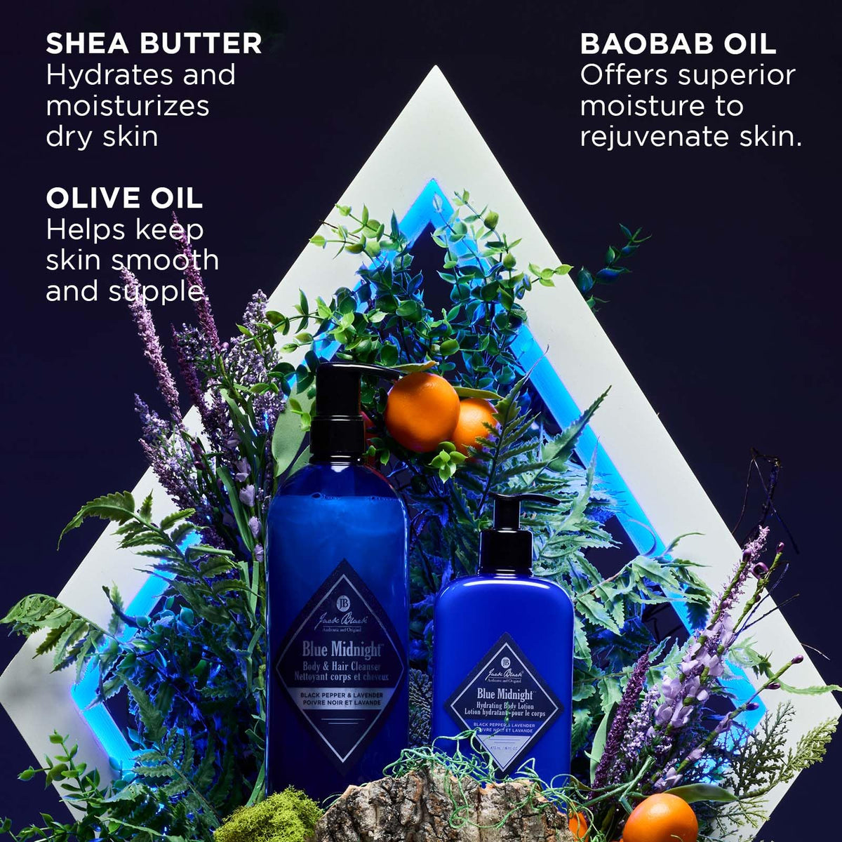 Jack Black Blue Midnight Hydrating Body Lotion texture swirl highlights rich formula.