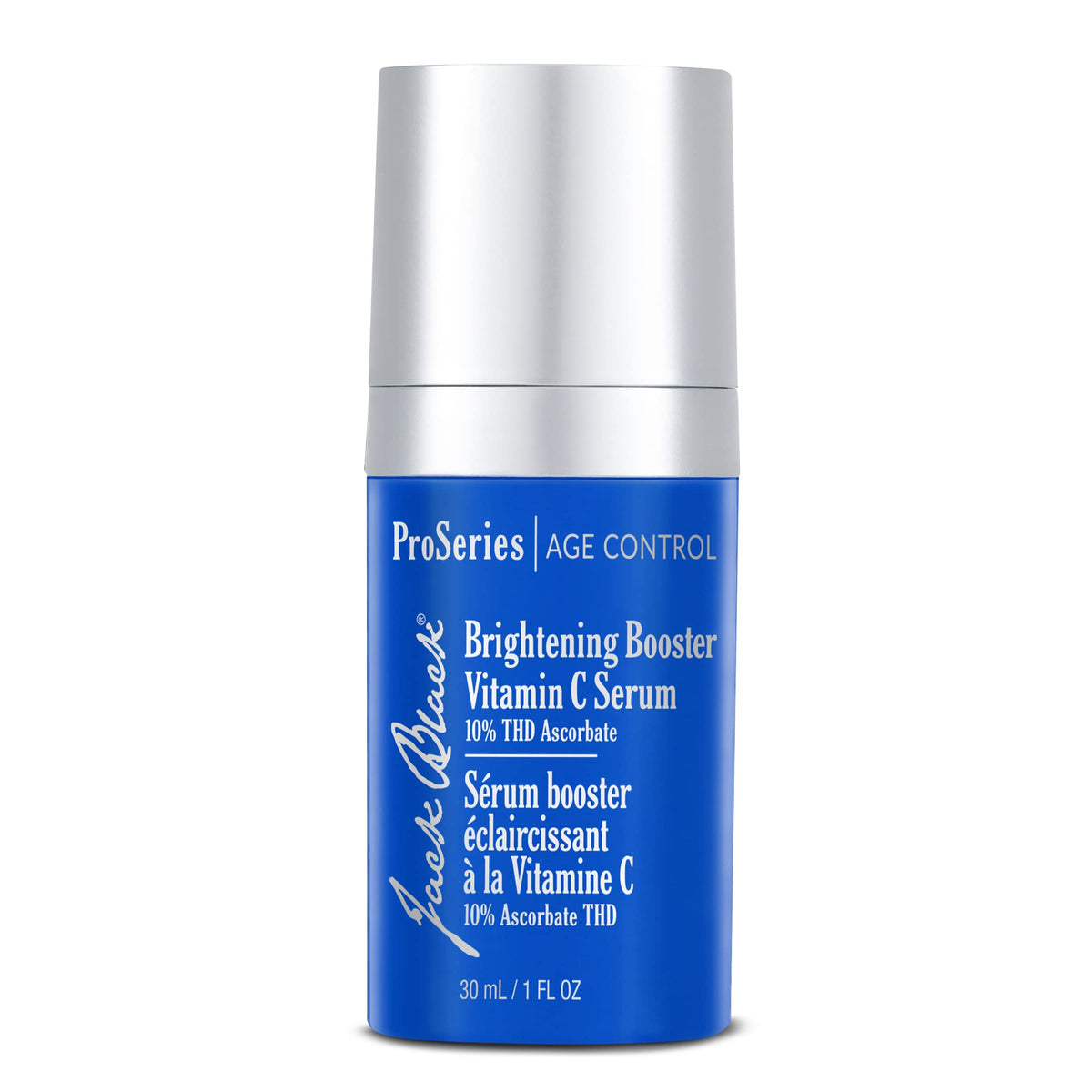 Jack Black Brightening Booster Serum bottle close-up highlighting premium packaging for daily use.