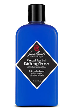 Jack Black Charcoal Body Buff bottle pour for a refreshing cleanse and odor absorption.