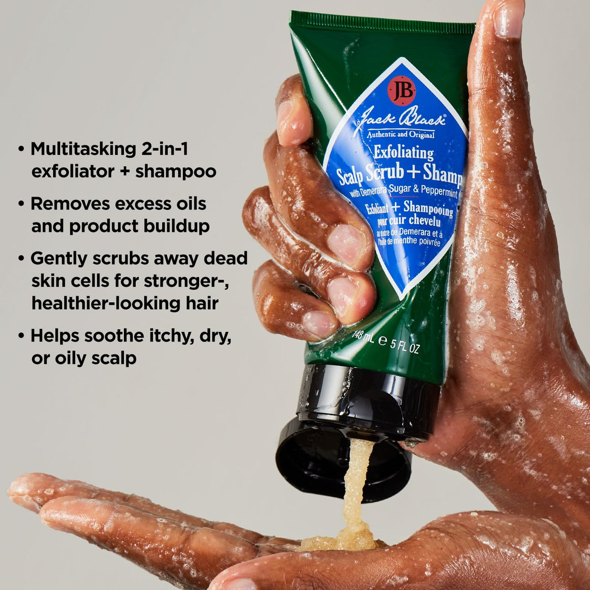 Demerara sugar particles deliver gentle exfoliation in Jack Black scrub.