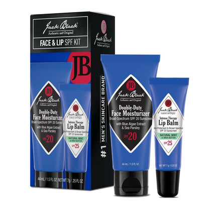 Jack Black Face and Lip Set with SPF protects skin and soothes lips for daily outdoor use.