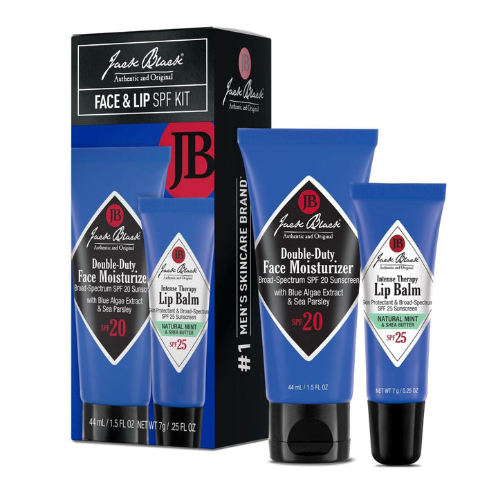 Jack Black Face and Lip Set with SPF protects skin and soothes lips for daily outdoor use.