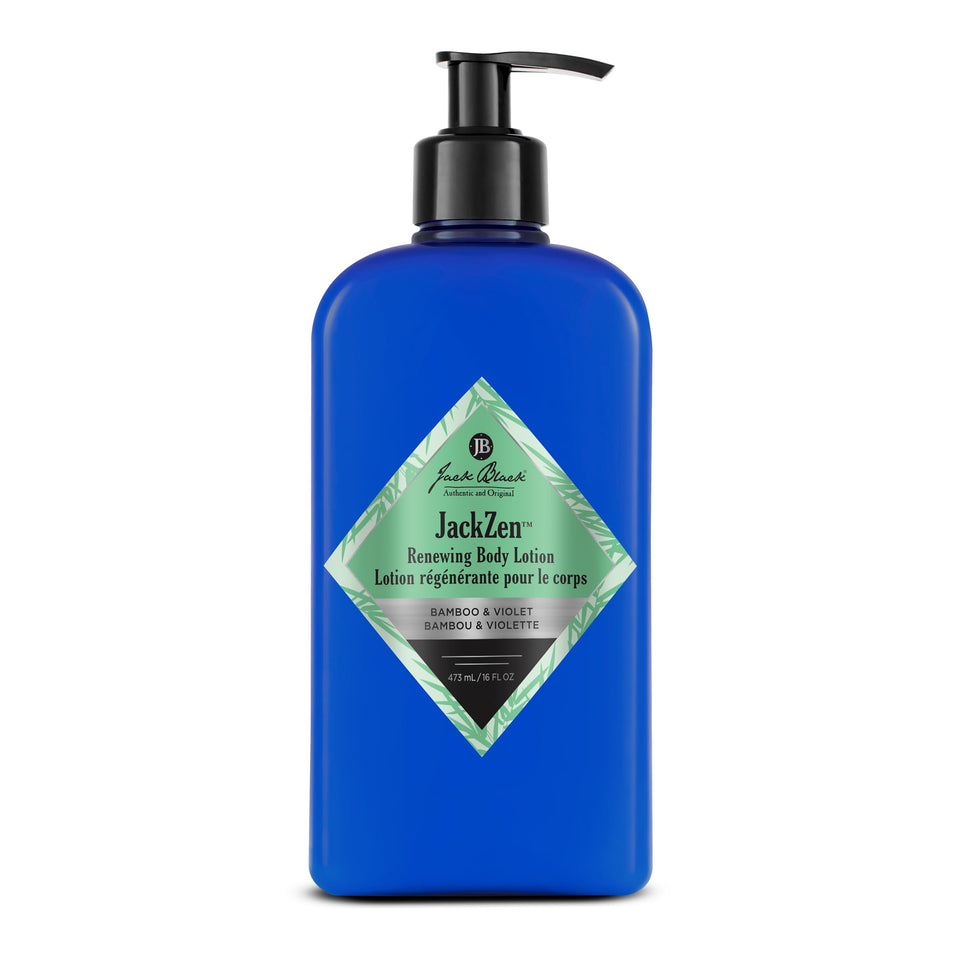 Jack Black JackZen Renewing Body Lotion bottle ready for daily use with fast absorption.