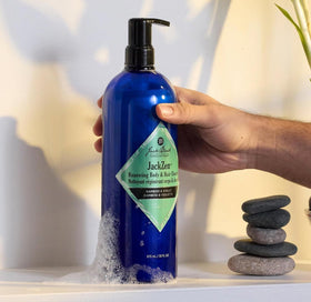 Jack Black JackZen Shower Lather forms a rich foam for cleansing skin and hair.