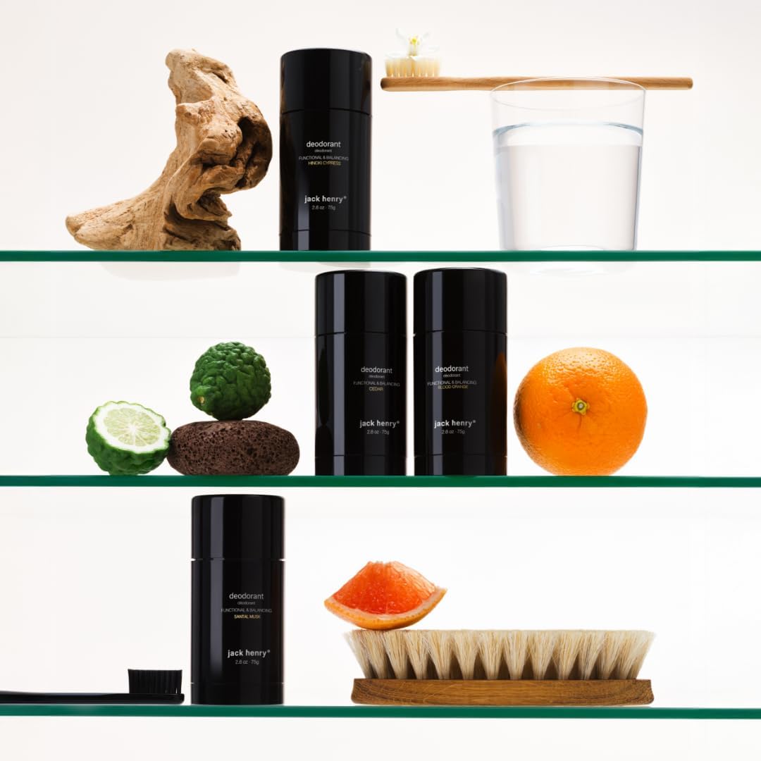 Jack Henry aluminum-free deodorant bottle emphasizes clean, irritation-free protection.