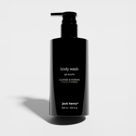 Jack Henry body wash for men bottle pour shows exfoliating formula for a clean, refreshed shower