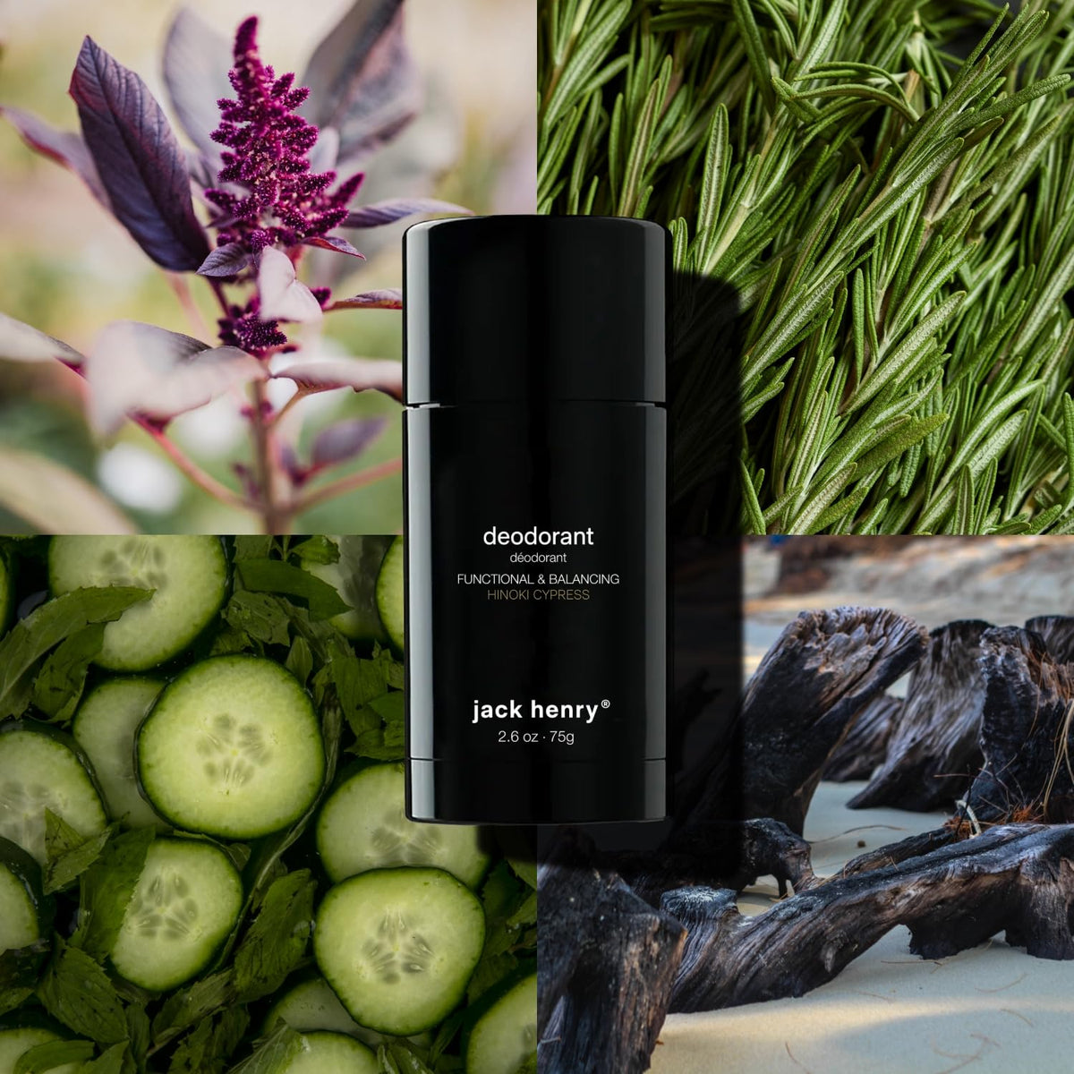 Jack Henry deodorant bottle side label highlights vegan, aluminum-free formula