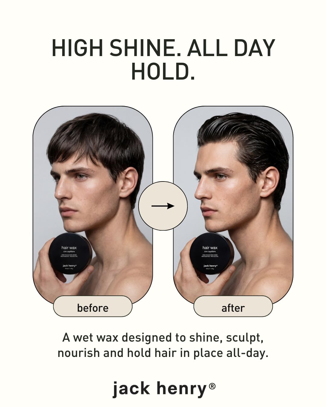 Jack Henry Hair Wax side-part definition for crisp, lasting structure.