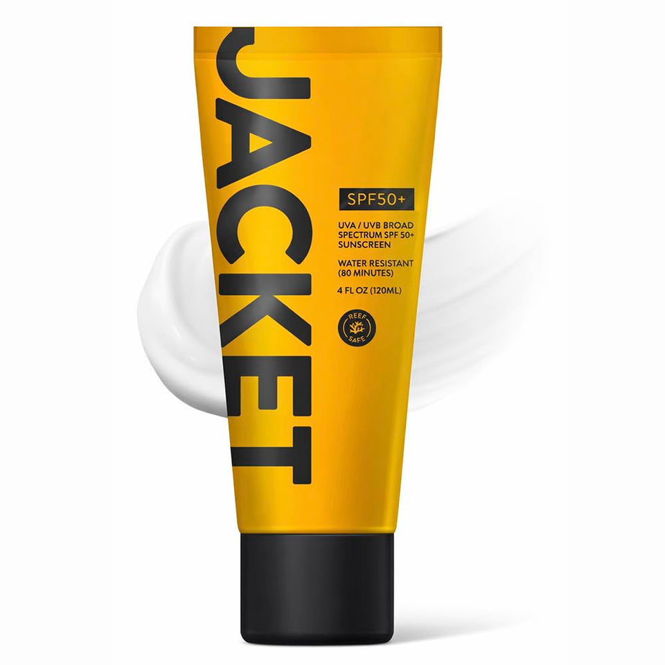 JACKET Sunscreen SPF 50+ bottle ready for outdoor adventures.