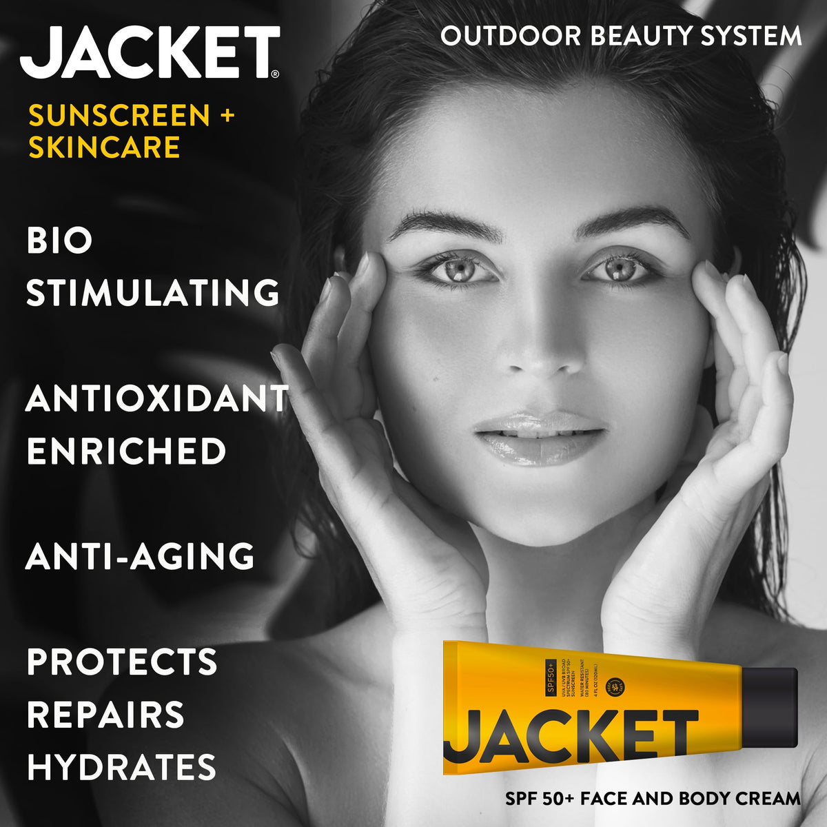 JACKET Sunscreen SPF 50+ applied to the face for daily protection.