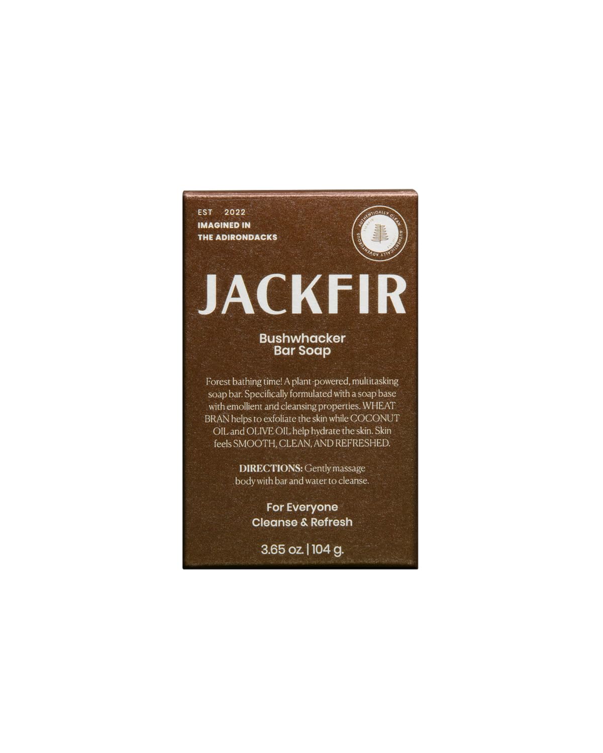 Jackfir Bushwhacker bar soap packaging highlights organic certification and rugged durability.