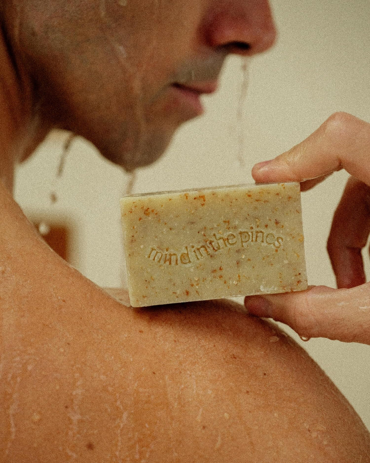 Jackfir Bushwhacker bar soap with wheat bran exfoliates gently during shower.