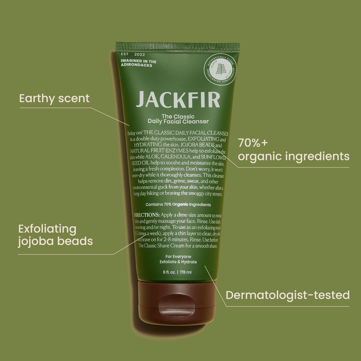 Aloe, calendula, and sunflower oil soothe and hydrate the face in Jackfir cleanser.