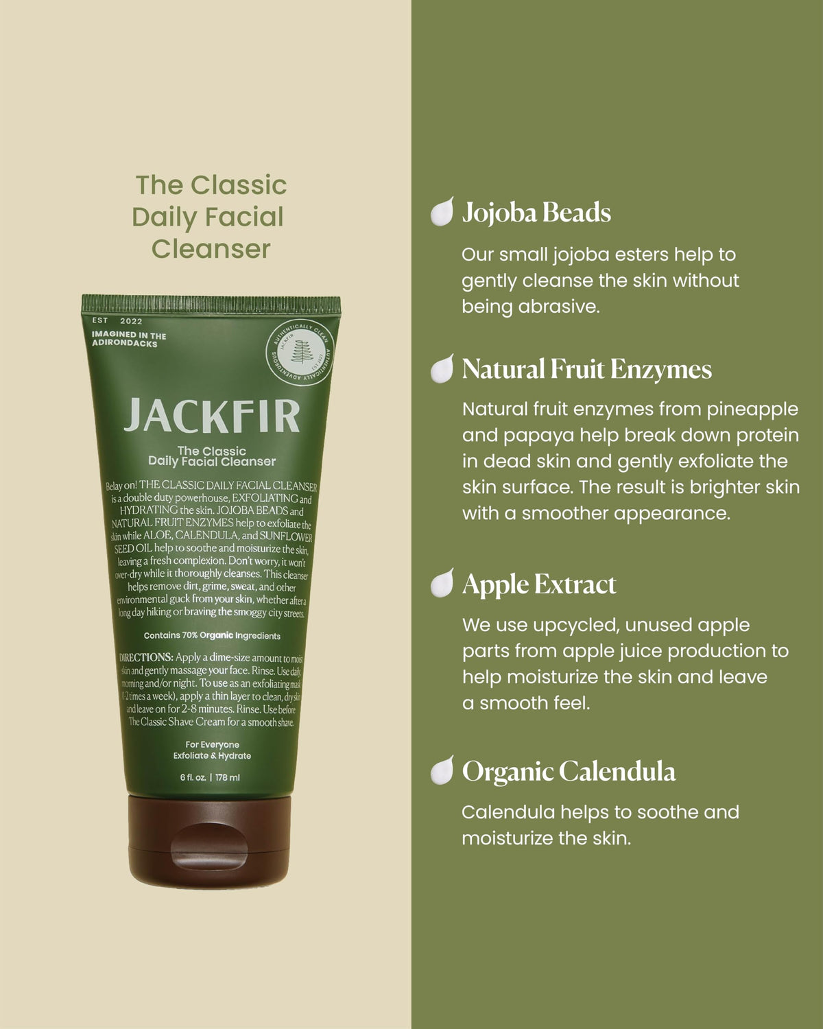Close-up of exfoliating jojoba beads in Jackfir cleanser for gentle exfoliation.