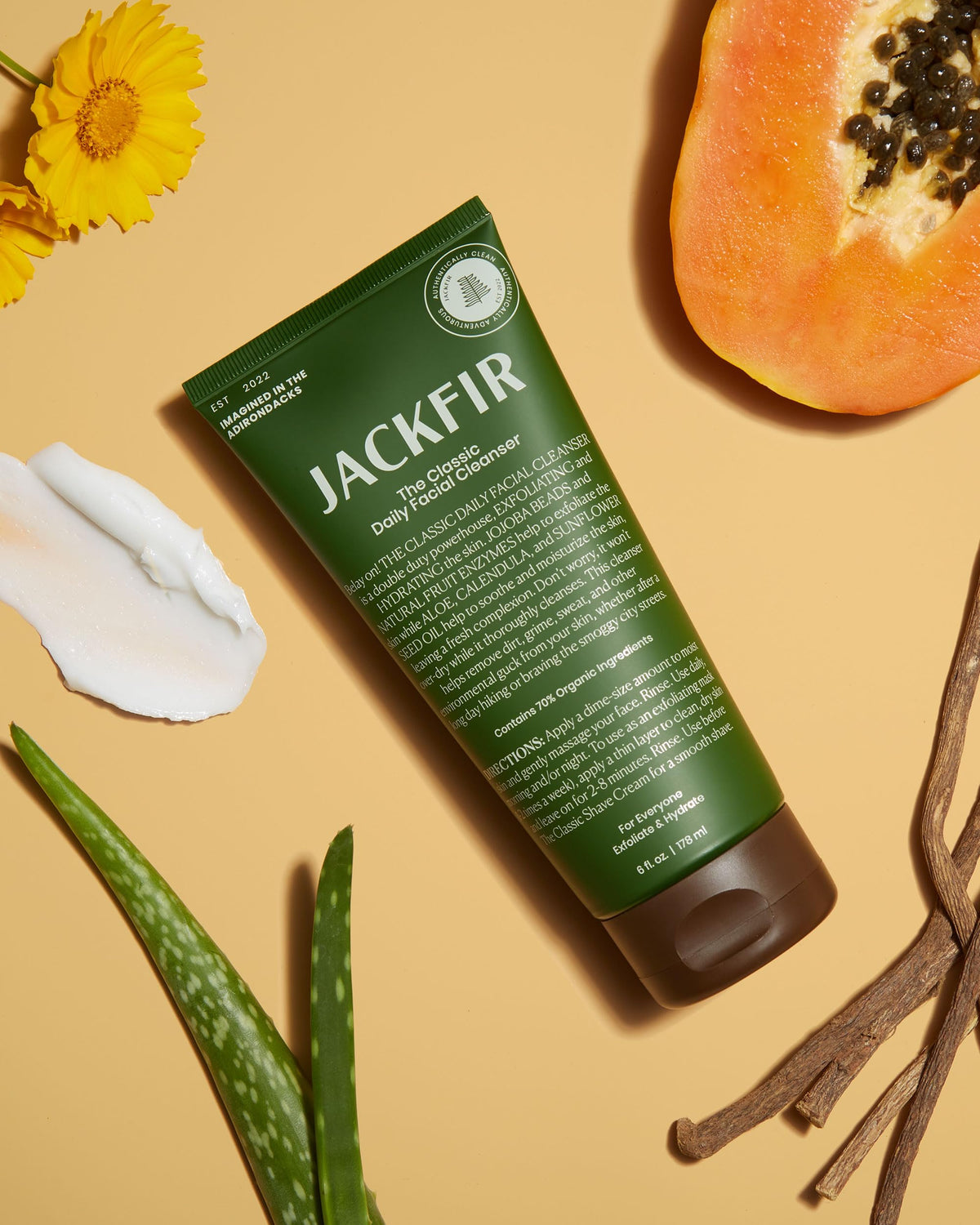 Fruit enzymes activate gentle skin refinement in Jackfir cleanser.